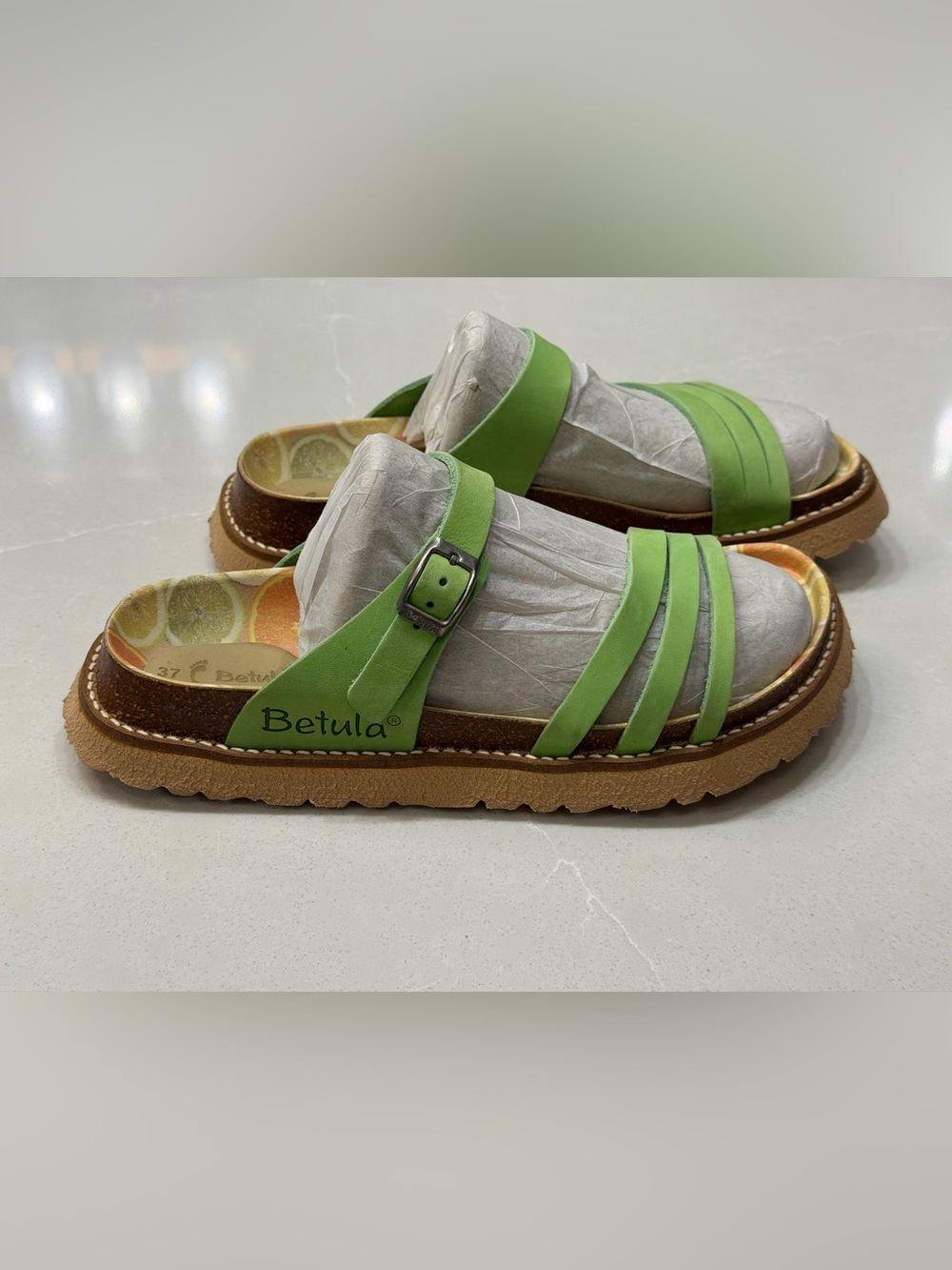 Betula by Birkenstock Bright Green Strappy Sandals Citrus Fruit Print Footbed 37